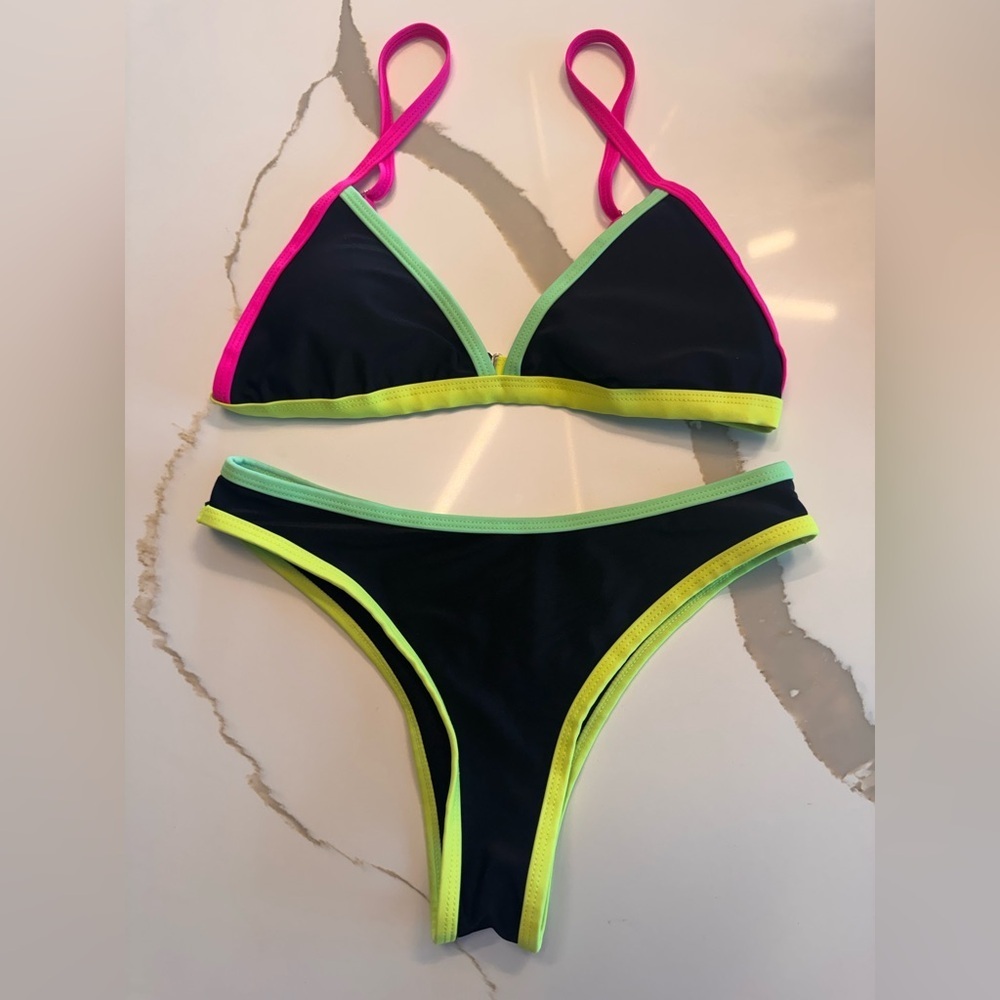 Neon Colorblock Triangle Bikini Set - Black with Pink, Lime & Mint - Size Small